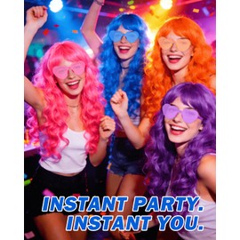 FSLLZCJY Long Curly Wig with Heart Sunglasses and Hair Cap – Set of 4 | Colorful Colored Party Wigs Funny Costume Hairpieces for Cosplay