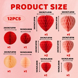 12 PCS 15/20/30cm Honeycomb Balls, Red and Peach Pink Heart and Round Paper Honeycomb Ball Decorations, Paper Hanging Kit for Valentines Day Decorations Wedding Anniversary Decor