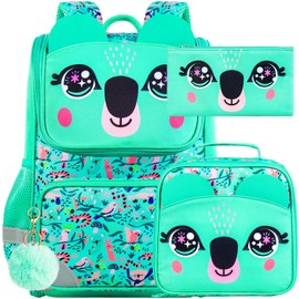 UFNDC 3PCS Bookbag for Girls, 15" Kids Sequin Bookbag with Lunch Box, Green Koala School Bag Set for Elementary Preschool Toddler
