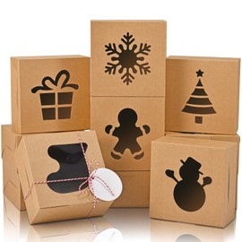 COTOPHER 18Pcs Christmas Cookie Boxes with Window, 6x6x3 inch Brown Bakery Boxes for Gift Giving, XMAS Treat Boxes Holiday Pastries Boxes for Cakes Muffins Donuts Chocolate Strawberries