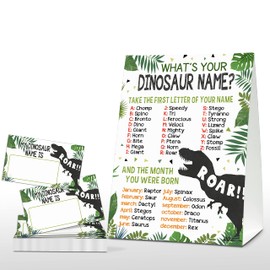 What's Your Dinosaur Name Game - Safari Jungle Birthday Party Games for Boys - Family School Classroom Activity - 1 Standing Sign and 30 Stickers - Kids Dino Party Supplies Decorations(01)