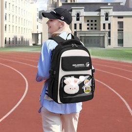 KESUDE School Backpack Girls Boys School Bag Teenager with Chest Strap and Cute Pendant, Children's Backpack Large School Backpack Women's Lightweight School Bag for 1st - 5th Grade, 35L, black