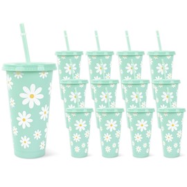 JarThenaAMCS 12Pcs Spring Daisy Plastic Cups with Straw and Lid Reusable Mint Green White Flower Tumbler Floral Cold Cups for Beverage Drinks Home Office Party Decoration