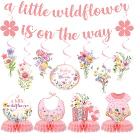 JoyAura Wildflowers Baby Shower Decorations - 14 Pcs A Little Wildflower Is On The Way Banners Hanging Swirls Floral Honeycomb Centerpiece Decor Set Flower Gender Announcement Party Supplies for Girls