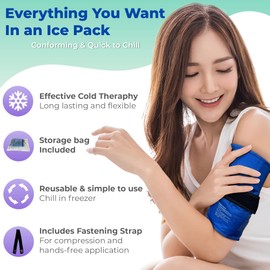 Rectangle Gel Pad for Arm, Leg, Knee, and Back - 15''x11'' Reusable Gel Ice Pack with Elastic Fastener for Hands-Free Application - Cold Packs for Post-Surgery or Sport Injuries - 1 Pack Blue