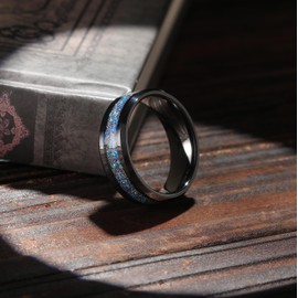 King Will Tungsten Carbide Wedding Band for Men - 8mm Black High Polished Inlay Blue Opal Stone with Silver Sand for Everyday Wear Comfort Fit 8.5