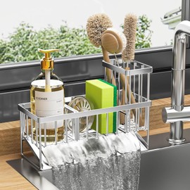 Kitchen Sink Caddy, ManKami 304 Stainless Steel Sink Caddy Sponge Holder with High Brush Holder, Kitchen Sink Organzier Dish Sponge Organizer with Divider