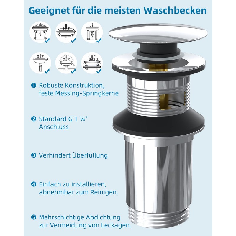 Hibbent Washbasin Drain Set, Universal Drain Fitting with Overflow, 1