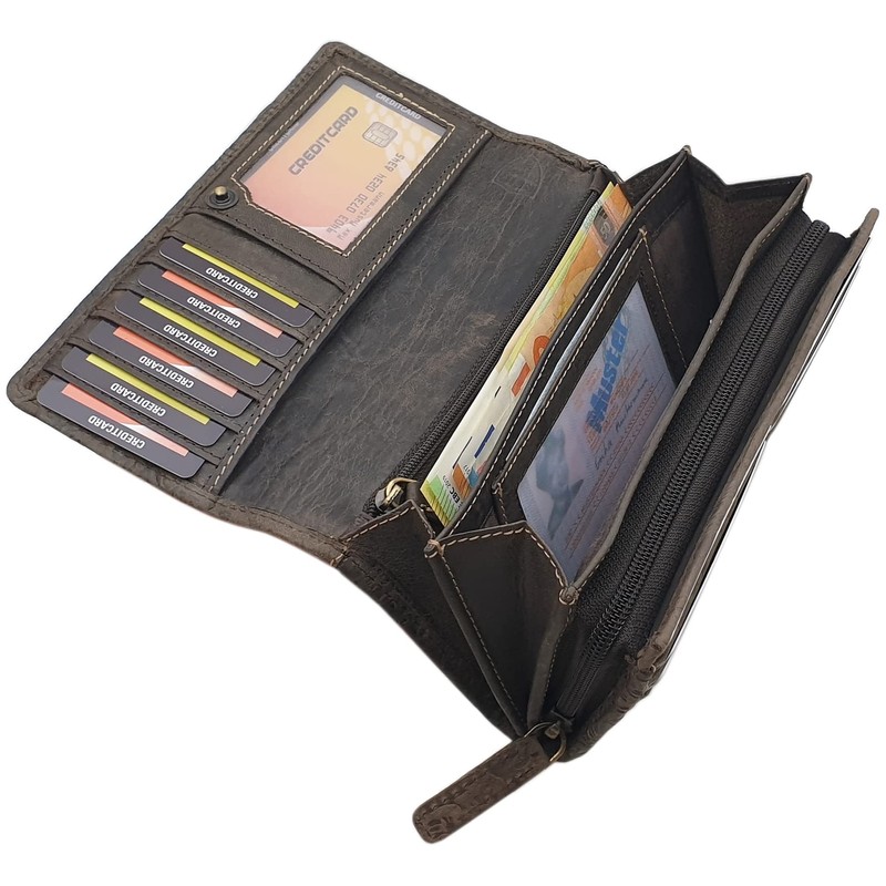 Women's Large Leather Purse with Folding Compartment and Many Card