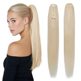 SEGOHAIR Human Hair Claw Clip Ponytail Extension 100% Real Human Hair Clip-In Extensions for Women Long Straight Pony Tails 14 Inches 105g #60 Platinum Blonde