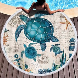 LXTOPN Round Beach Towel, Sea Turtle Microfibre Beach Towel for Beach Blanket, Bath Towel, Yoga Mat, Camping Blanket, Picnic Blanket, Towels with Tassels, 150 cm (Blue Turtle 3)
