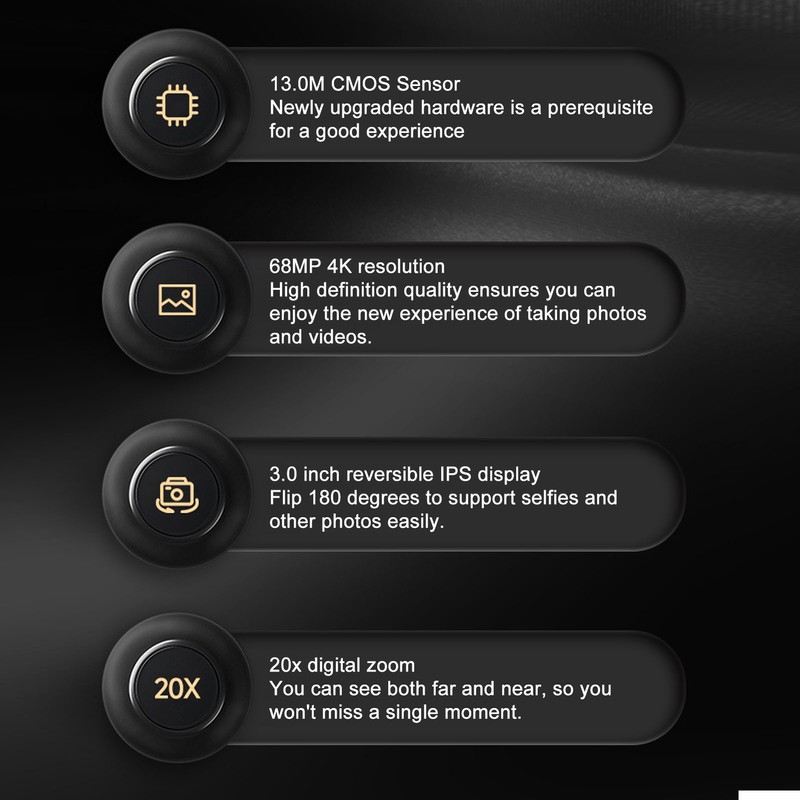 Smart Digital Camera 64MP 4K 20x Zoom 180° Flip Screen