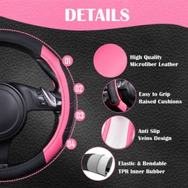 CAR PASS Line Rider Microfiber 14 Inch Leather Sporty Steering Wheel Cover Universal Fits for 95% Truck,SUV,Cars, Anti-Slip Safety Comfortable Desgin (Black Pink)