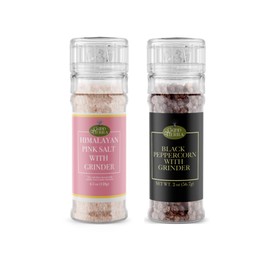 Good Tierra Salt and Pepper Grinder Set - Himalayan Pink Salt 4.5 Oz and Black Pepper 2 Oz