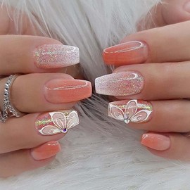 Ombre Press on Nails Medium Coffin Fake Nails Flower False Nails with Rhinestone Design Glitter Acrylic Glue on Nails Glossy Full Cover Artificial Stick on Nails for Women Girls Manicure 24Pcs