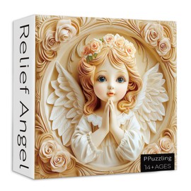 Rose Flower Relief Angel Puzzles for Adults 1000 Pieces, 3D Puzzle Vintage Inspiration Design Carved Art Jigsaw Puzzle with Floral Wreath and Wings, Religious Jigsaw Puzzle for Home Wall Decor