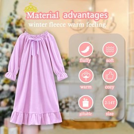 610 YOU Winter Flannel Nightgowns for Kids Girl,Fleece Sleepwear with Long Sleeve,Purple Vintage Velvet Pajamas Dress,6-7