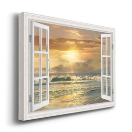 Renditions Gallery Canvas Nature Wall Art Paintings & Prints Artwork Glowing Malibu Beach Waves Modern Romantic Window View Wall Hanging Decorations for Bedroom Office Kitchen - 18"x27" LT21