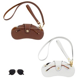 Acpetdr 2Pcs Leather Glasses Case, Leather Glasses Case, Leather Sunglasses Case, Sunglasses Bag, Portable Glasses Case with Hand Strap and Shoulder Strap, Practical Glasses Case for Outdoor Use