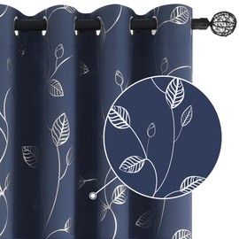 BUHUA Room Darkening Curtains 63 Inch Length, Window Treatments for Living Room Grommet Curtains with Silver Leaf Foil Design (52 x 63 Inch,Navy Blue,Set of 2)