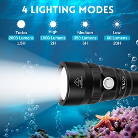 Wurkkos Diving Light Max 2000 Lumen Dive Flashlight, IPX8 Waterproof Scuba Dive Light, Submarine Flashlight with SST40 LED, Professional Snorkeling Light for Under Water Deep Sea Cave(5000K)