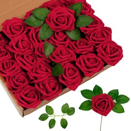 LIVILAN Red Roses Artificial 25 Pcs Fake Red Roses Realistic Flowers Faux Rose Bouquet Artificial DIY Flowers for Indoor Table Decor Wedding Centerpieces Arrangements Party Home Decorations