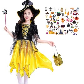 EMIRIP Halloween Cosplay Costume, Children, Girls, Kids, Witch, Dress, Devil Dress, 5-piece Set (100), Size M