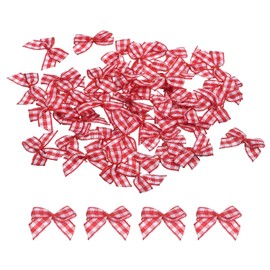 sourcing map 50Pcs Mini Gingham Ribbon Bow 1" Checkered Fabric Satin Ribbon Bows for Craft DIY Hair Bow Sewing Wedding Birthday Party Red and White