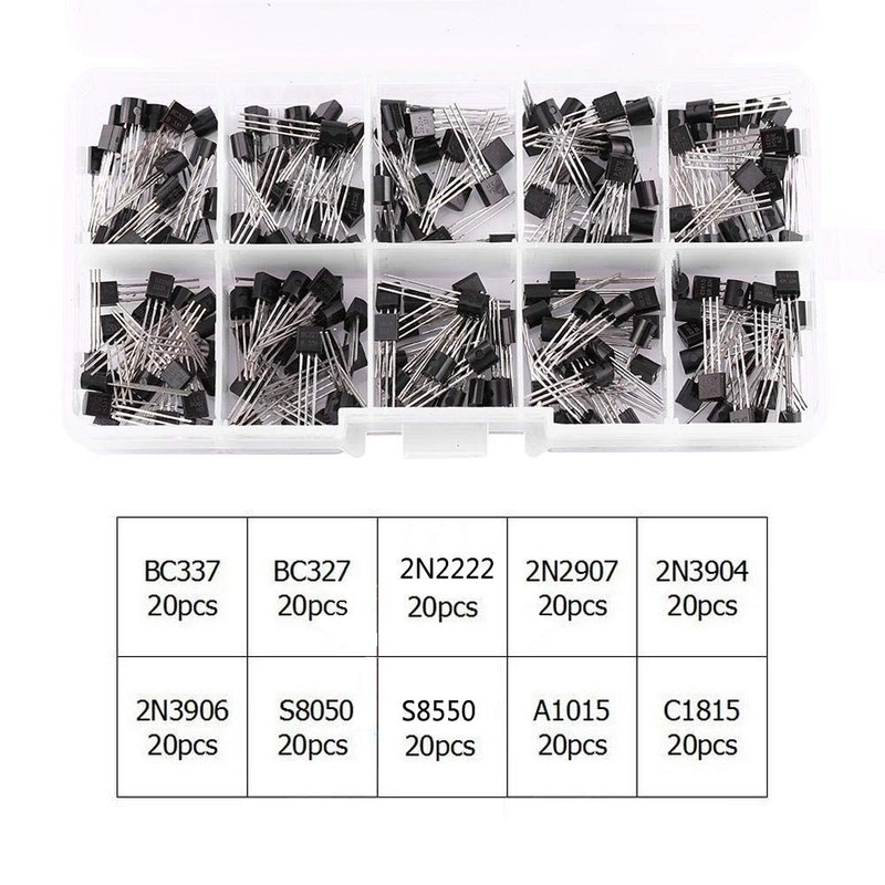 200 pieces 10 values silicon transistors assortment BC337, BC327, 2N2222,