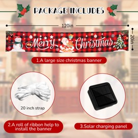 Solar Large Merry Christmas Banner, 120" x 20" LED Lighted Xmas Decoration Red Buffalo Plaid Hanging Huge Sign, Holiday Party Supplies Home Decor for Outdoor,Yard,Garden,Porch,Lawn (Plaid-Santa)