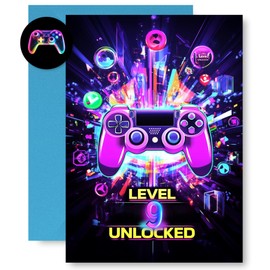 MOSSSH 9th Birthday Greeting Cards, Neon Video Game Themed Birthday Card for Boys, Envelope and Sticker