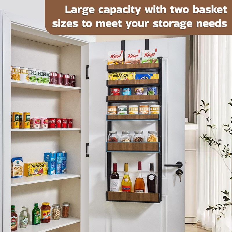 Fulifix Over The Door Pantry Organizer with Solid Wooden Baskets,