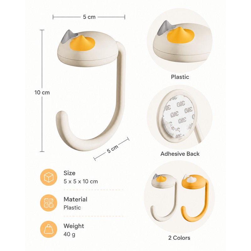 Cat Desk Hooks for Bags & Keys – 2-Pack Adhesive