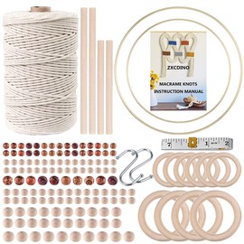 152pcs Macrame Kits for Beginners 3mm x 220yards Natural Cotton Macrame Cord with Wooden Beads,Wooden Rings,Wooden Sticks,Metal Rings Macrame Supplies Best for Macrame Plant Hanger