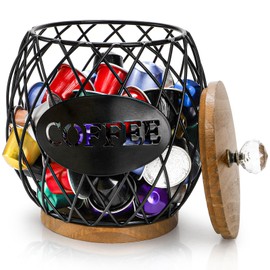 WRINGKIT Coffee Pod Holder with Lid, Large Capacity K Cup Storage Basket, Black Wire Coffee Pod Basket Decor for Countertop, Round Coffees Holder for Keurig Kcups, Espresso Capsules