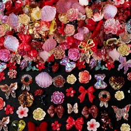 COOSLIM 110 Pieces 3D Nail Charms for Acrylic Nails, Camellia Rose Flower Butterfly Bowknot Heart Bear Rabbit Star Charms for Nail Art Designs DIY Accessories Craft(Red+2)