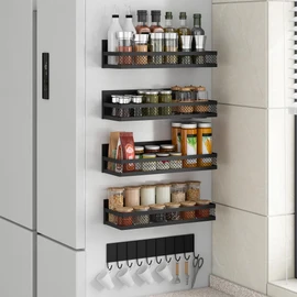 5 Pack Strong Magnetic Spice Rack for Refrigerator on Oven, Movable Kitchen Organizers and Storage for Spices Shelf, Wall Mounted Spice Rack Metal Fridge Shelf for Kitchen in Black