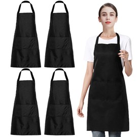 EUPSIIU 4 Pcs Kitchen Apron, Adjustable Bib Chef Aprons with 2 Pockets Cooking Apron Unisex Women Men Aprons for Home Kitchen, Restaurant, Coffee House, Baking Gardening BBQ, Painting, 60*70cm (Black)