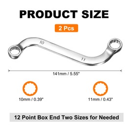 sourcing map 2pcs 10mm x 11mm Metric 12-Point S-Style Box Wrench Double End S-Shaped Wrench Chrome Plated 45# Steel S Box Wrenches for Home Auto Bike Repair Machine Maintenance