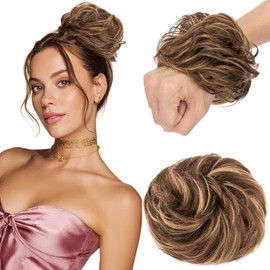 Elailite Hair Pieces For Women Messy Bun Real Hair Human Hair Remy Hair Covered Scrunchies Donuts Updo Chignon - #4R/27R Medium Brown Mix Dark Blonde