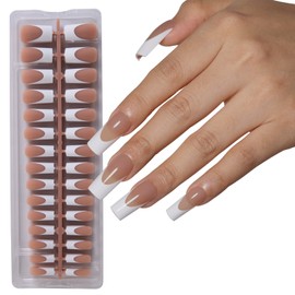 AUBSS French Tip Press on Nails Long Square, White Pre-French with Semi-Transparent Brown Soft Gel Fake Nails, Acrylic False Nails Set for Nail Art DIY Gift, 15 Sizes 150Pcs