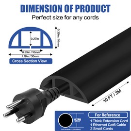 Floor Cord Cover Self Adhesive Cord Hider Floor 10FT Floor Cable Management Power Cord Protector Floor Electric Cord Covers for Offices, Gym, Exhibitions, Cable Cavity:0.39"(W) x 0.27"(H) Black