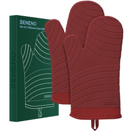 Beneno BPA-Free Silicone Oven Mitt 2-Pack Set, Heat Resistant 500°F Oven Mitts with Non-Slip Grip, Soft Thicker Lining, 7"x13", Red