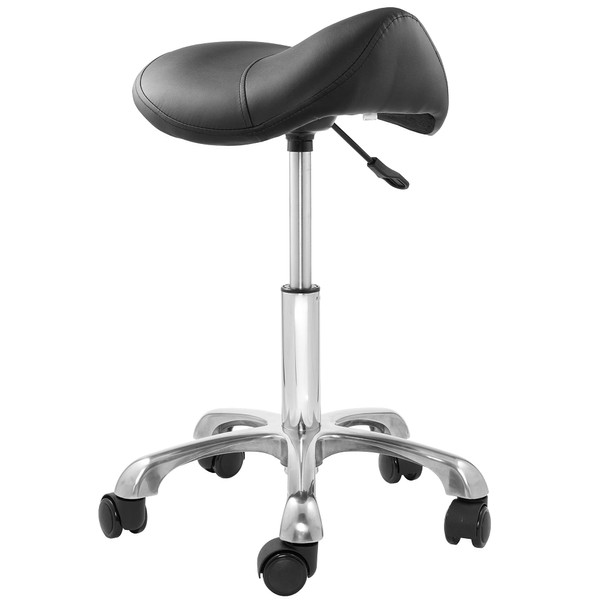 Saloniture Professional Ergonomic Saddle Stool, Black - Adjustable Hydraulic Seat, Rolling Spa Salon, Massage, and Medical Office Chair with Swivel Wheels