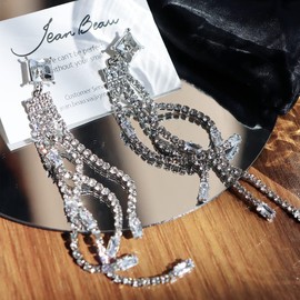 JeanBeau Silver Long Rhinestone Dangle Tassel Earrings for Women Teen Girls - Cubic Zirconia Strand Bridal Chandelier Fringe Waterfall Dangling Drop Chain Earrings