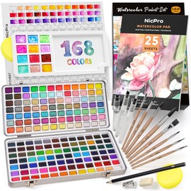 Nicpro 168 Colors Watercolor Paint Set include Metallic Macaron Candy Fluorescent, 8 Synthetic Squirrel Painting Brushes, 25 Water Color Paper, Palette, Art Supplies Kit for Artist Adult Kid Beginner with Box