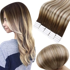 Full Shine Tape in Hair Extensions 20 Inch Human Hair Tape Hair Extensions Balayage Color 3 Dark Brown Fading to 8 and 22 Blonde Highlighted Glue in Hair Extensions 50 Grams 20Pcs