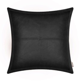 BRAWARM Black Leather Throw Pillow 16 X 16 Inches, Faux Leather Pillow Cover with Piping, Hand Stitched Decorative Throw Pillow for Couch, Sofa, Bed, Living Room, Garden