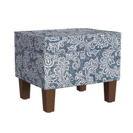 HomePop Home Decor |K7646-A879| Upholstered Modern Rectangular Storage Ottoman | Hinged Lid Ottoman with Storage for Living Room & Bedroom, Blue Denim Jacobean Print
