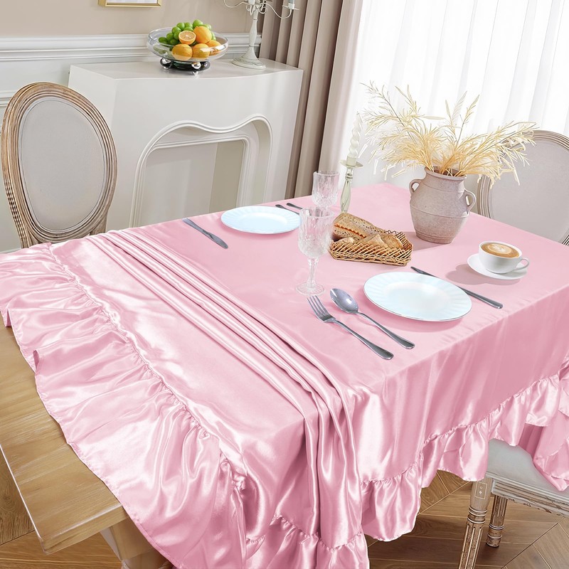 Ersmak Satin Ruffle Edge Tablecloth - Light Pink Satin Table